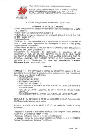 26 AT 1052 - Arrêté De Réglementation De La Circulation Et Du Stationnement, Rue De Cerisy Et Autres à Amiens, Du 2 Au 5 09 2026, Publié Le 20 08 2026