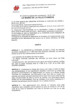 26 AT 1301 - Arrêté De Réglementation De La Circulation Et Du Stationnement, Rue Des Quatre Lemaire à Amiens, Du 28 08 Au 7 09 2026, Publié Le 20 08 2026