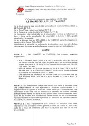 26 AT 1305 - Arrêté De Réglementation De La Circulation Et Du Stationnement, Rue D'Antibes Et Autres à Amiens, Du 11 09 Au 25 10 2026 Publié Le 20 08 2026