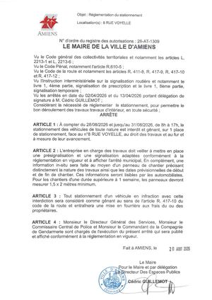 26 AT 1309 - Arrêté De Réglementation Du Stationnement, Rue Delpech à Amiens, Du 28 Au 31 08 2026 De 08h00 à 17h00, Publié Le 20 08 2026
