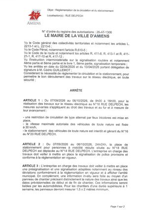 26 AT 1306 - Arrêté De Réglementation De La Circulation Et Du Stationnement, Rue Delpech à Amiens, Du 07 09 Au 06 10 2026 De 09h00 à 16h00, Publié Le 20 08 2026
