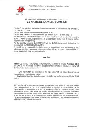 26 AT 1307 - Arrêté De Réglementation De La Circulation Et Du Stationnement, Avenue Des Cygnes à Amiens, Du 19 09 Au 9 10 2026, Publié Le 20 08 2026
