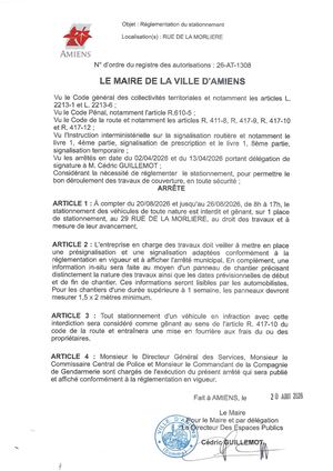 26 AT 1308 - Arrêté De Réglementation Du Stationnement, Rue De La Morliere à Amiens, Du 20 Au 26 08 2026 De 8h00 à 17h00, Publié Le 20 08 2026