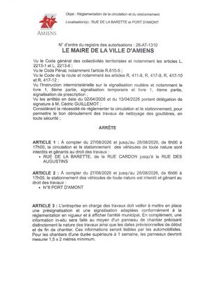 26 AT 1310 - Arrêté De Réglementation De La Circulation Et Du Stationnement, Rue De La Barette Et Port D'Amont à Amiens, Du 27 Au 28 08 2026, Publié Le 20 08 2026