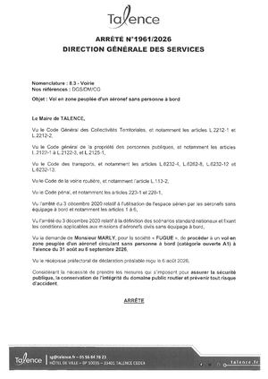 Arrete 1961 2026 - Vol En Zone Peuplee Aeronef Au Droit 1 Et 29 Cours Gambetta