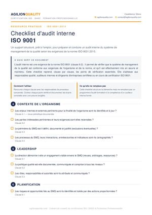 Checklist d’audit interne ISO 9001 – Système de management de la qualité | Agilion Quality