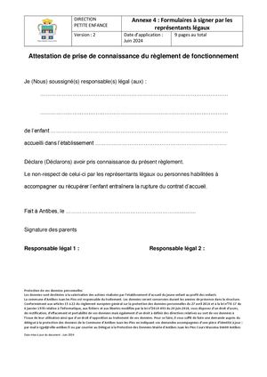 Annexe 4 - Attestation de prise de connaissance du règlement de fonctionnement