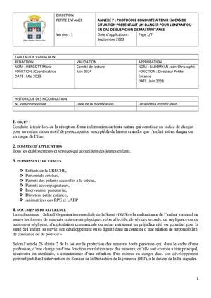 Annexe 7 - Protocole conduite à tenir en cas de situation présentant un danger pour l’enfant ou en cas de suspicion de maltraitance