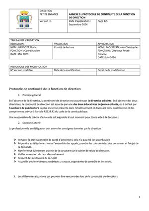 Annexe 9 - Protocole de continuité de la fonction de direction