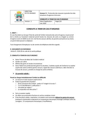 Annexe 11 - Protocoles des mesures à prendre lors des situations d’urgence et de soins