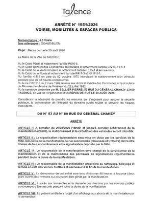 Arrete 1951 2026 - Repas De Rue Du 53 Au 80 Rue Chanzy Le 29 08 2026 Publié Le 24 08 2026