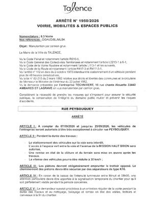 Arrêté 1950 2026 - Manutention Par Camion Grue Rue Peybouquey Du 7 Au 25 09 2026 Publié Le 24 08 2026