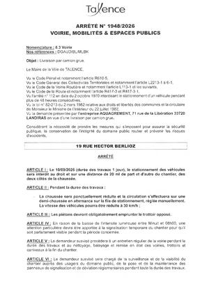 Arrêté 1948 2026 - Livraison Par Camion Grue 19 Rue Hector Berlioz Le 10 09 2026 Publié Le 24 08 2026