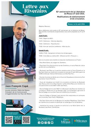 Lettre aux riverains : 82e anniversaire de la Libération de Meaux 27 août 2026.