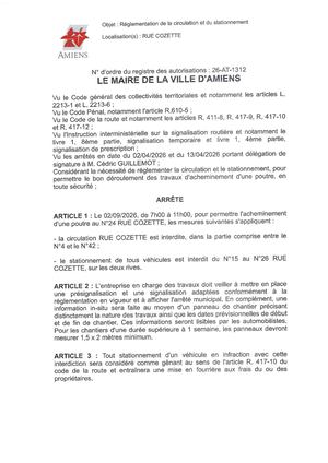 26 AT 1312 - Arrêté De Réglementation De La Circulation Et Du Stationnement, Rue Cozette à Amiens, Le 2 09 2026 De 7h00 à 11h00, Publié Le 24 08 2026