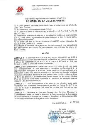 26 AT 1311 - Arrêté De Réglementation Du Stationnement, Rue Riolan à Amiens, Du 7 Au 19 09 2026 De 08h00 à 20h00, Publié Le 24 08 2026