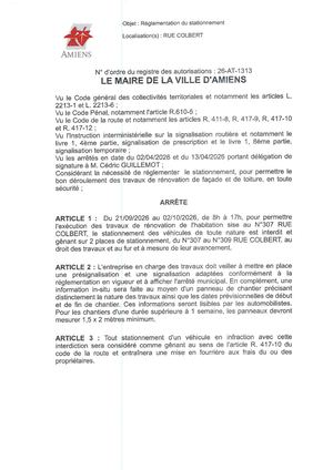 26 AT 1313 - Arrêté De Réglementation Du Stationnement, Rue Colbert à Amiens, Du 21 09 Au 2 10 2026 De 08h00 à 17h00, Publié Le 24 08 2026