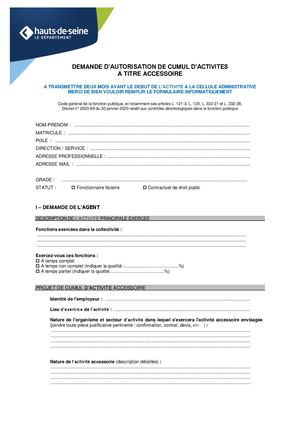Formulaire Demande D'autorisation De Cumul D'activité