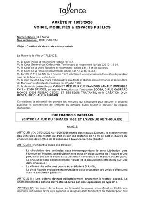Arrete 1993 2026 - Creation De Reseau De Chaleur Urbain Rue Rabelais Du 28 08 Au 15 09 2026 (22j) Publié Le 24 08 2026