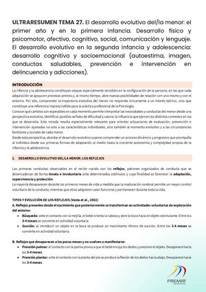 Ultraresumen Tema 27. El Desarrollo Evolutivo Della Menor El Primer Año Y En La Primera Infancia
