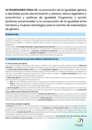 Ultraresumen Tema 43.  La Promoción De La Igualdad Género E Identidad Social, Discriminación Y Sexismo