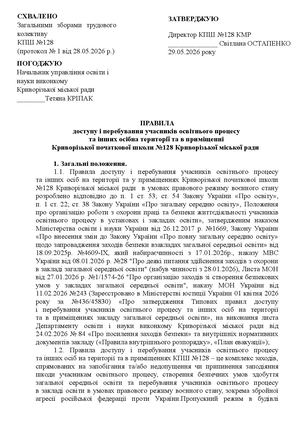 ПРАВИЛА доступу і перебування учасників освітнього процесу  та інших осібна території та в приміщенні  Криворізької початкової школи №128 Криворізької міської ради