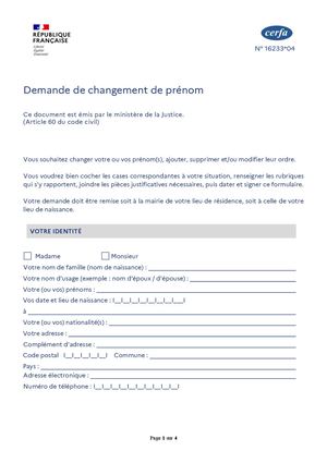 Formulaire changement de prénom - personne majeuree