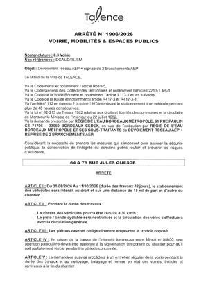 Arrete 1906 2026 - Devoiement Reseau Aep + Reprise 64 A 75 Rue Guesde Du 31 08 Au 11 10 2026 (42j) Publié Le 25 08 2026