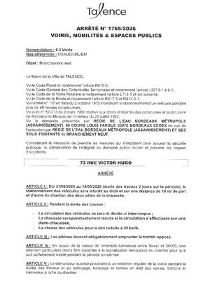 Arrete 1765 2026 - Branchement Neuf 72 Rue Victor Hugo Du 31 08 Au 18 09 2026 (2j) Publilé Le 25 08 2026