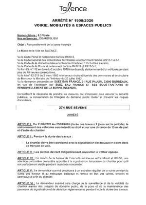 Arrete 1908 2026 - Renouvellement Borne Incendie 274 Rue Sevene Du 31 08 Au 25 09 2026 (2j) Publié Le 25 08 2026