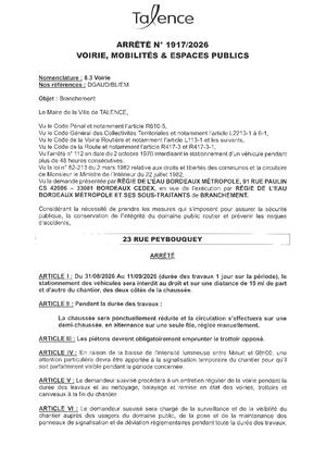 Arrete 1917 2026 - Branchement 23 Rue Peybouquey Du 31 08 Au 11 09 2026 (1j) Publié Le 25 08 2026