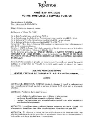 Arrete 1977 2026 - Creation De Reseau De Chaleur Av Rimbaud Du 31 08 Au 30 10 2026 (61j) Publié Le 25 08 2026