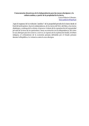 Consecuencias Desastrosas De La Independencia Para Las Masas Aborígenes Y La Cultura Andina