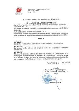 26 AP 0143 - Limite D'agglomération D'Amiens, Les Cycles Sont Autorisés à Circuler En Double Sens Rue De Blayries, Publié Le 25 08 2026