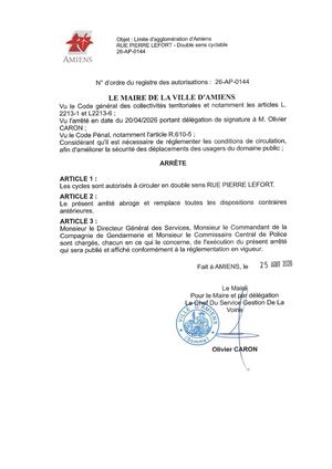 26 AP 0143 - Limite D'agglomération D'Amiens, Les Cycles Sont Autorisés à Circuler En Double Sens Rue Pierre Lefort, Publié Le 25 08 2026
