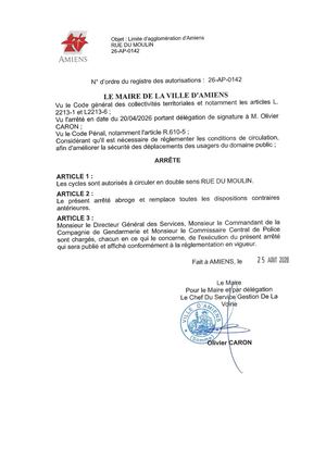 26 AP 0142 - Limite D'agglomération D'Amiens, Les Cycles Sont Autorisés à Circuler En Double Sens Rue Du Moulin, Publié Le 25 08 2026