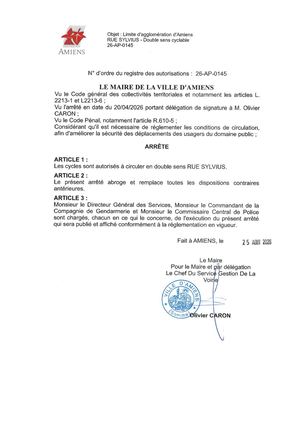 26 AP 0145 - Limite D'agglomération D'Amiens, Les Cycles Sont Autorisés à Circuler En Double Sens Rue Sylvius, Publié Le 25 08 2026