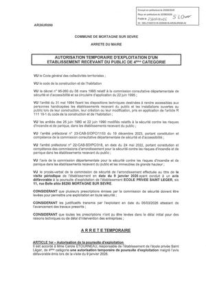 Ar26ur090 Autorisation Temporaire D'exploitation D'un éTablissement Recevant Du Public De 4me Catégorie