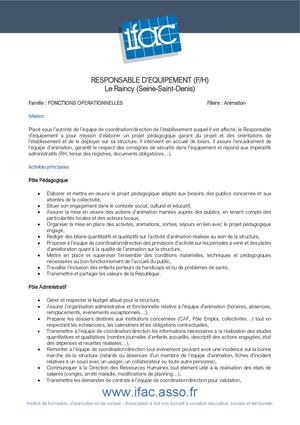 Responsable D'équipement F H - CDD - Le Raincy