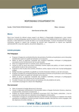 Responsable D'équipement F H - CDI - St Bonnet De Mure