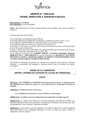 Arrete 1998 2026 - Renouvellement De Reseau D'assainissement Eaux Pluviales Eaux Usees Cours Liberation Publié Le 25 08 2026