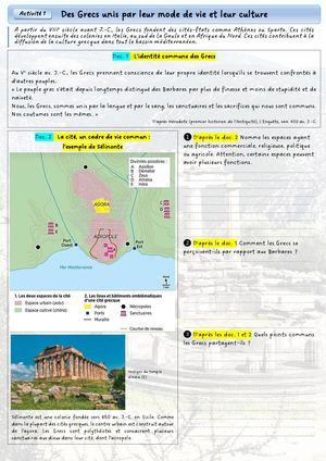 CH4 - 6e - Activité 1 - Des Grecs unis par leur mode de vie et leur culture