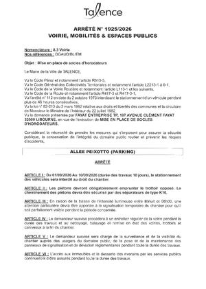 Arrete 1925 2026 - Mise En Place Socles D'horodateurs Allee Peixotto (Parking) Du 1 Au 10 09 2026 (10j) Publié Le 26 08 2026