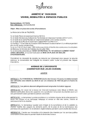 Arrete 1926 2026 - Mise En Place De Socles D'horodateurs Av De L'universite (Carrefour Guesde) Du 1 Au 10 09 2026 (10j) Publié Le 26 08 2026