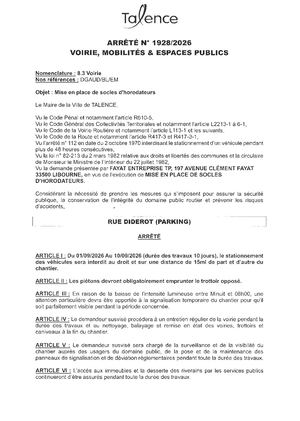 Arrete 1928 2026 - Mise En Place De Socles D'horodateurs Rue Diderot (Parking) Du 1 Au 10 09 2026 Publié Le 26 08 2026