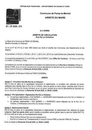 Arrêté 274 Circulation Rue De La Visitation