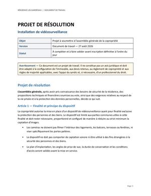 Projet de résolution — Installation de vidéosurveillance