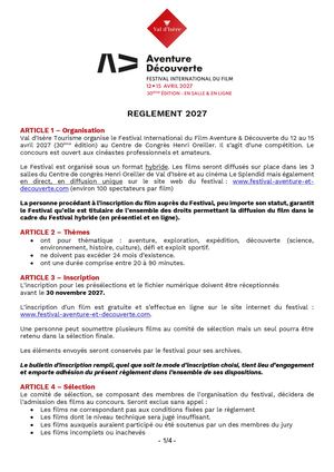 Règlement Inscription d'un film à l'édition 2027 du Festival Aventure et Découverte
