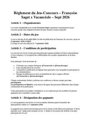 Règlement Du Jeu Concours Françoise Saget X Vacancéole