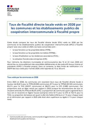 Analyse Des Taux De Fiscalité Directe Locale (Tfpb, Tfpnb, Th Et Cfe) Votés En 2026 Par Les Communes Et Epci (Août 2026)